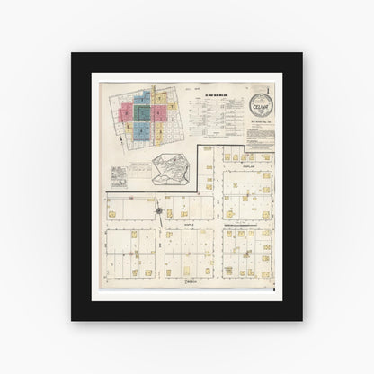 Old map wall art mockup — black gallery frame with white mat — Sanborn Fire Insurance Map from Celina, Collin County, Texas (1944), Sheet #0001