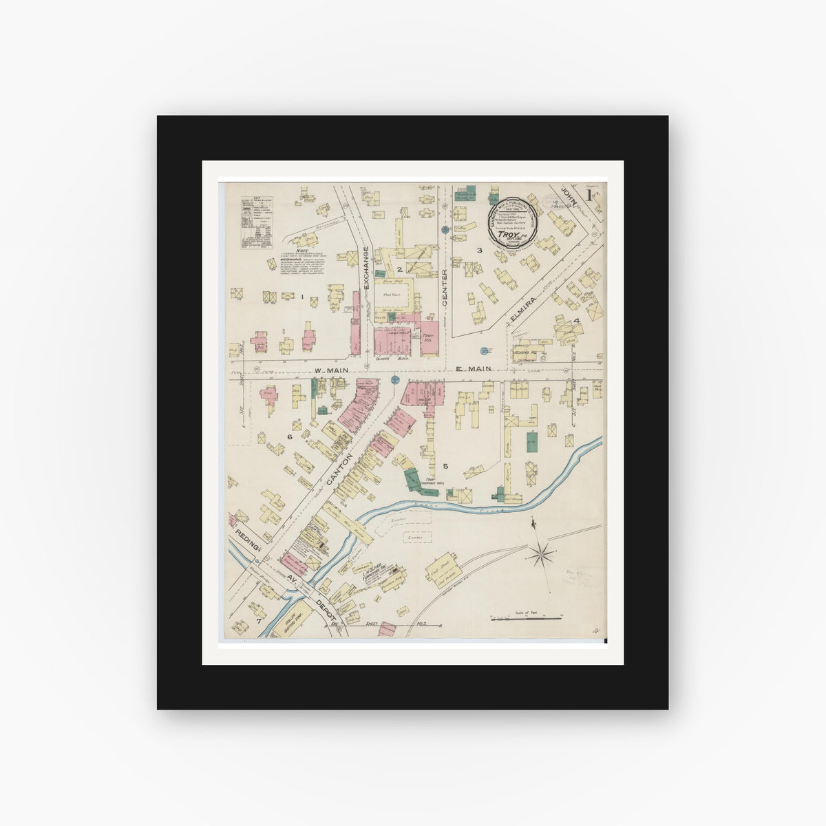 Old map wall art mockup — black gallery frame with white mat — Sanborn Fire Insurance Map from Troy, Bradford County, Pennsylvania (1885) - Complete Map Set