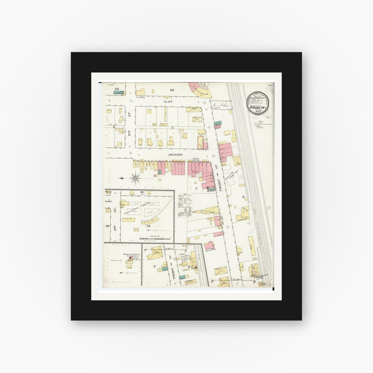 Old map wall art mockup — black gallery frame with white mat — Sanborn Fire Insurance Map from Brooklyn, Poweshiek County, Iowa (1894), Sheet #0001