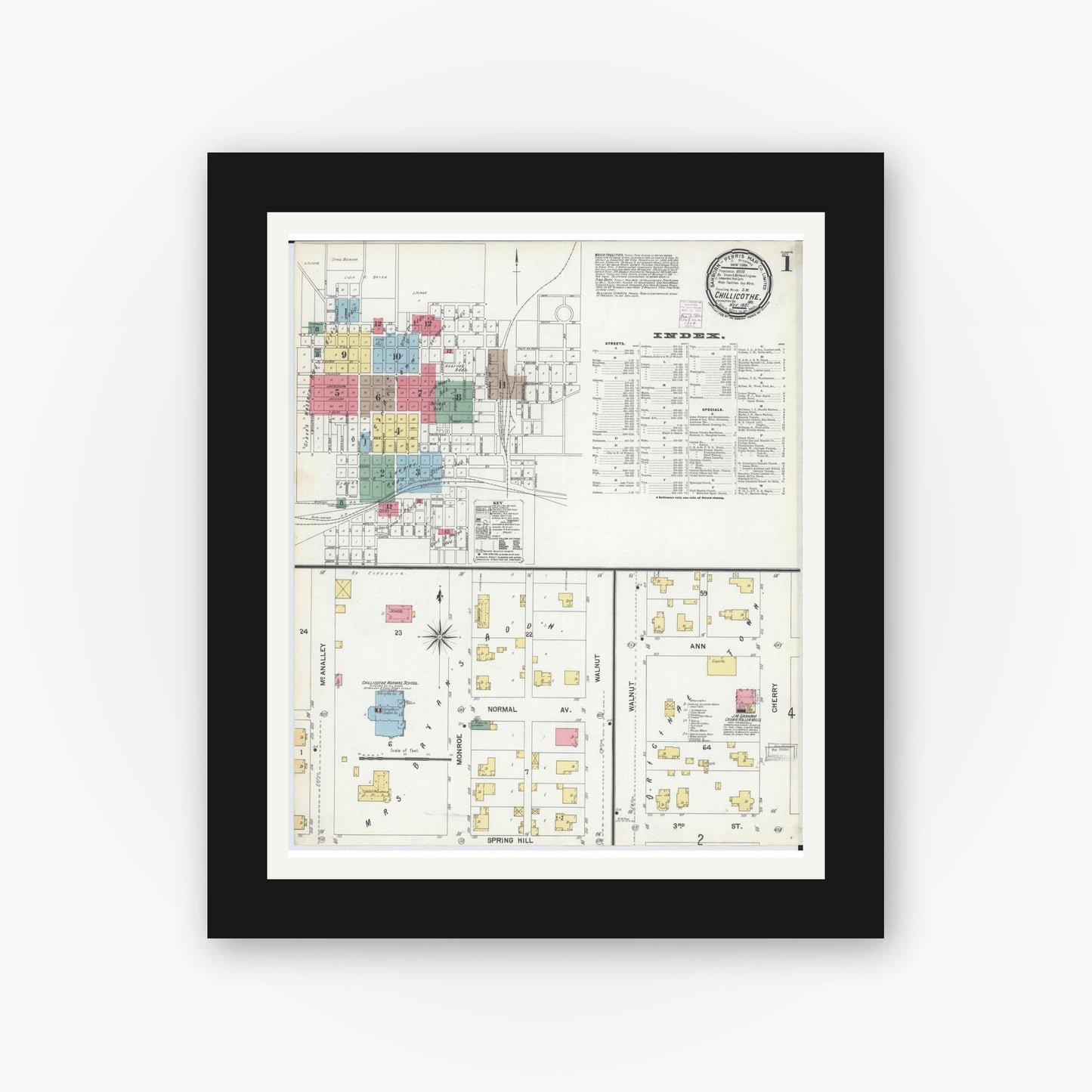 Old map wall art mockup — black gallery frame with white mat — Sanborn Fire Insurance Map from Chillicothe, Livingston County, Missouri (1901) - Complete Map Set