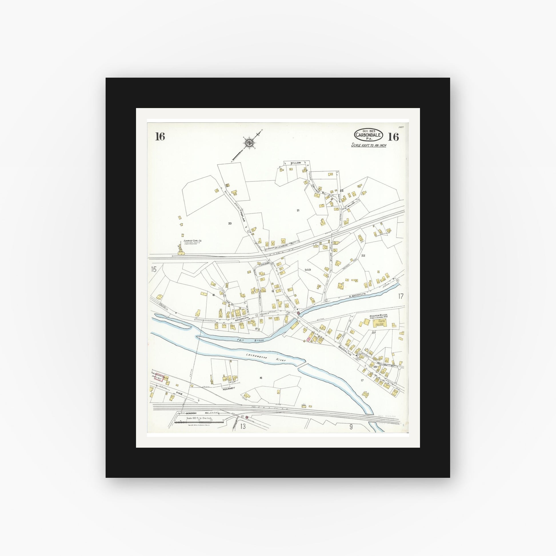 Old map wall art mockup — black gallery frame with white mat — Sanborn Fire Insurance Map from Carbondale, Lackawanna County, Pennsylvania (1923), Sheet #0016