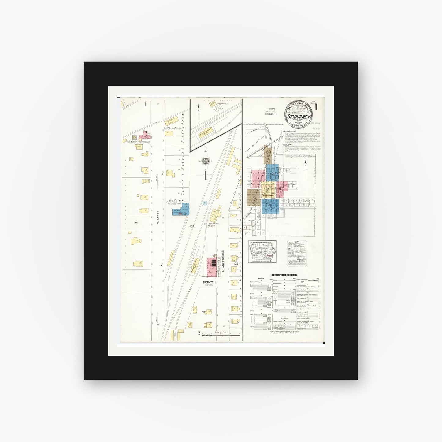 Old map wall art mockup — black gallery frame with white mat — Sanborn Fire Insurance Map from Sigourney, Kiokuk County, Iowa (1916) â€” Complete Set
