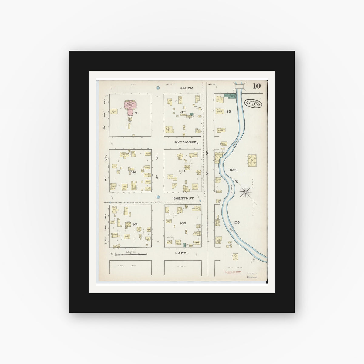 Old map wall art mockup — black gallery frame with white mat — Sanborn Fire Insurance Map from Chico, Butte County, California (1886), Sheet #0010