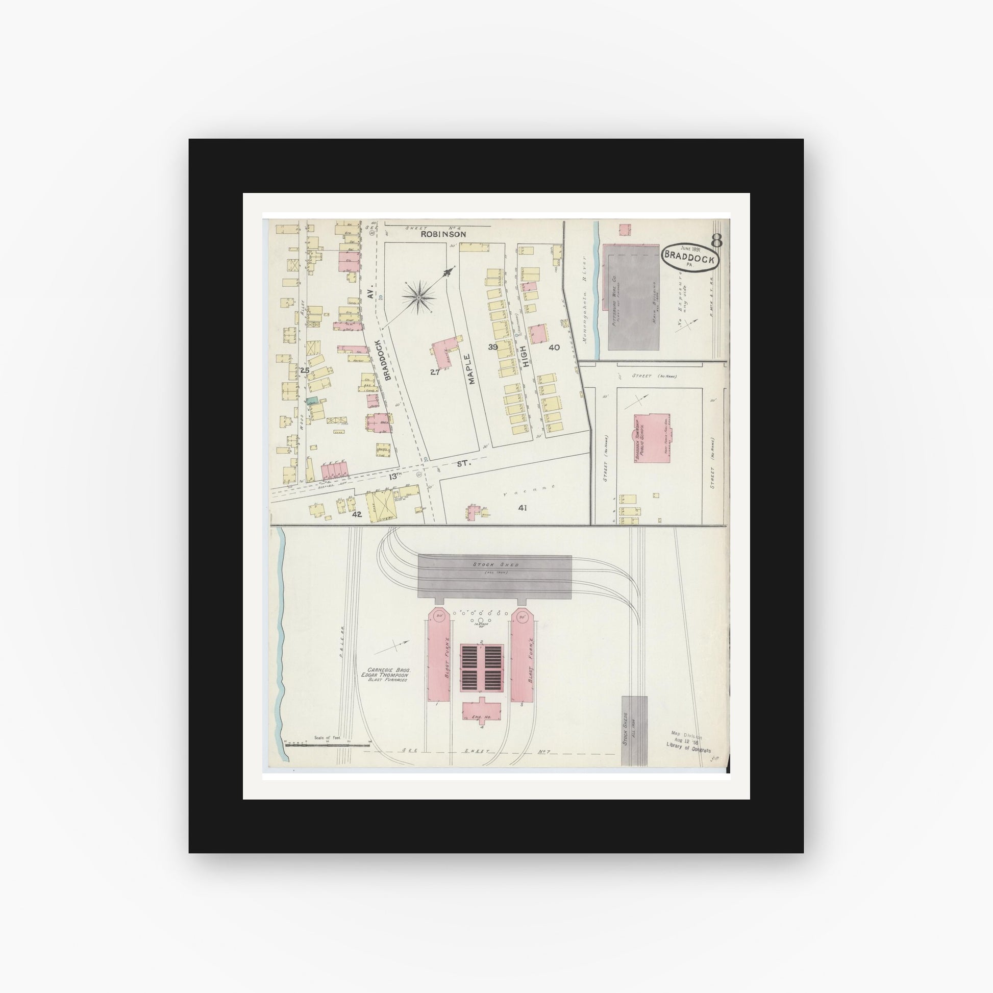 Old map wall art mockup — black gallery frame with white mat — Sanborn Fire Insurance Map from Braddock, Allegheny County, Pennsylvania (1891), Sheet #0008
