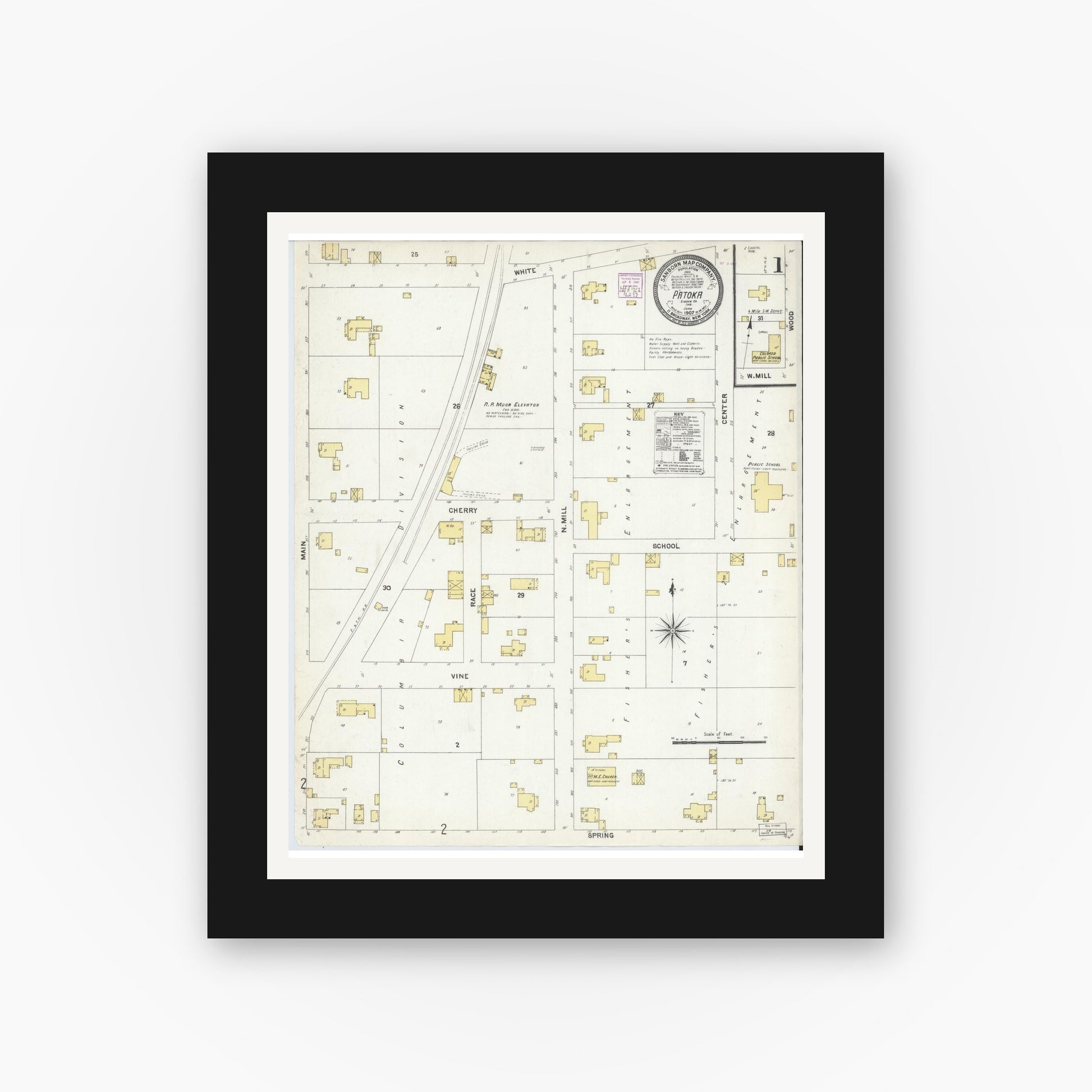 Old map wall art mockup — black gallery frame with white mat — Sanborn Fire Insurance Map from Patoka, Gibson County, Indiana (1907), Sheet #0001