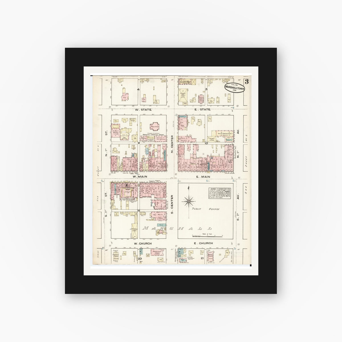 Old map wall art mockup — black gallery frame with white mat — Sanborn Fire Insurance Map from Marshalltown, Marshall County, Iowa (1884), Sheet #0003