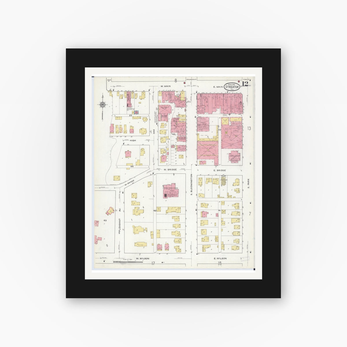Old map wall art mockup — black gallery frame with white mat — Sanborn Fire Insurance Map from Streator, La Salle County, Illinois (1916), Sheet #0012