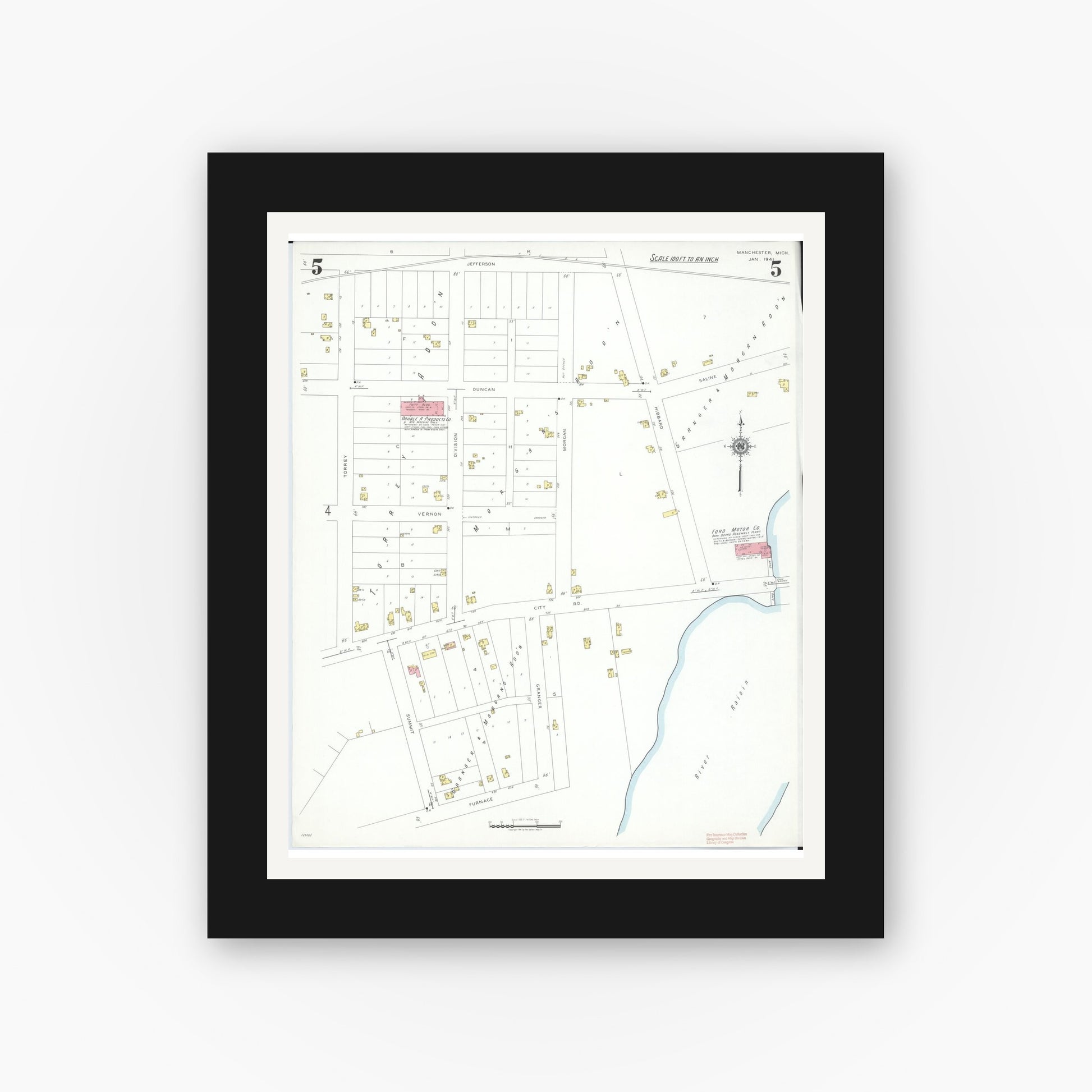 Old map wall art mockup — black gallery frame with white mat — Sanborn Fire Insurance Map from Manchester, Washtenaw County, Michigan (1941), Sheet #0005