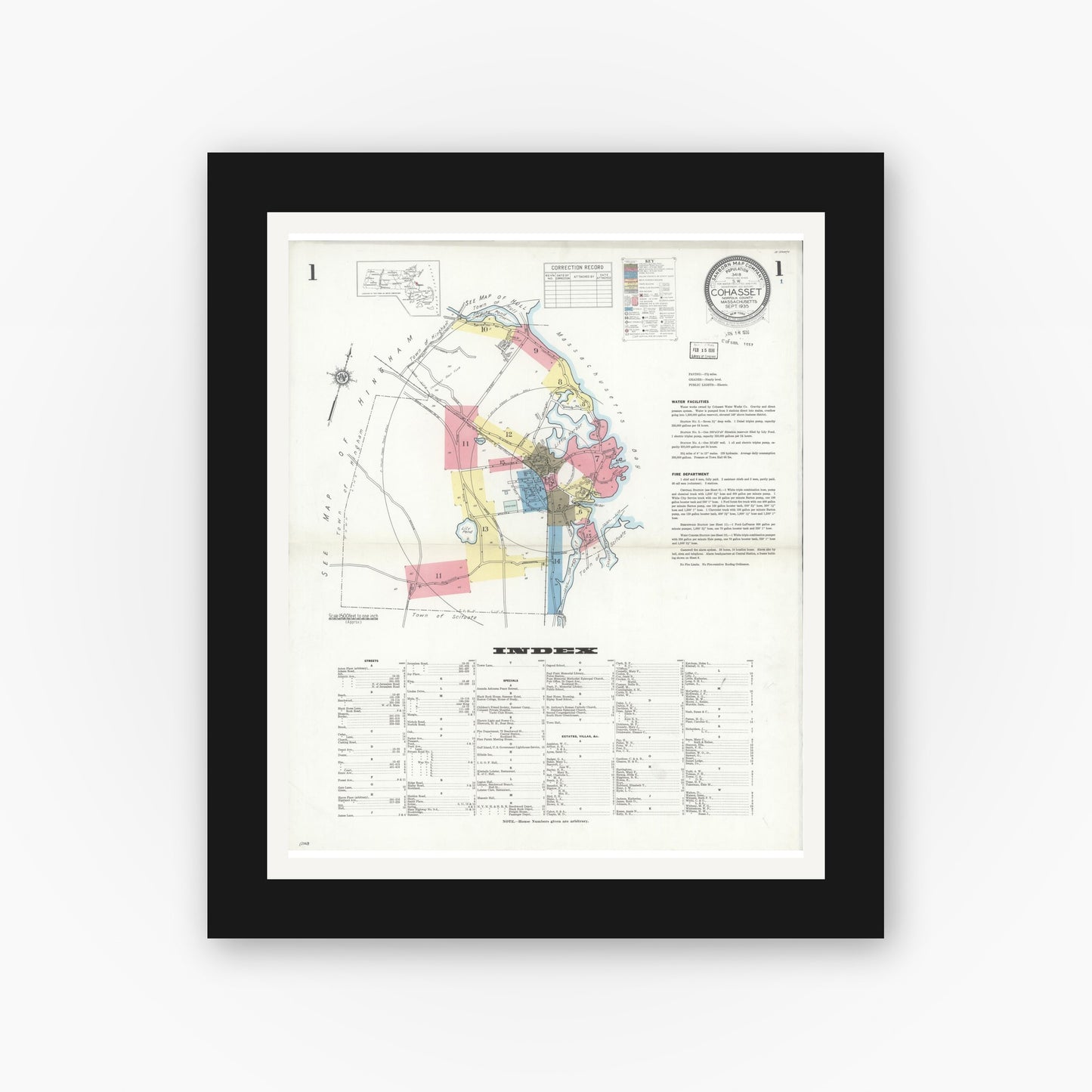 Old map wall art mockup — black gallery frame with white mat — Sanborn Fire Insurance Map from Cohasset, Norfolk County, Massachusetts (1935) - Complete Map Set