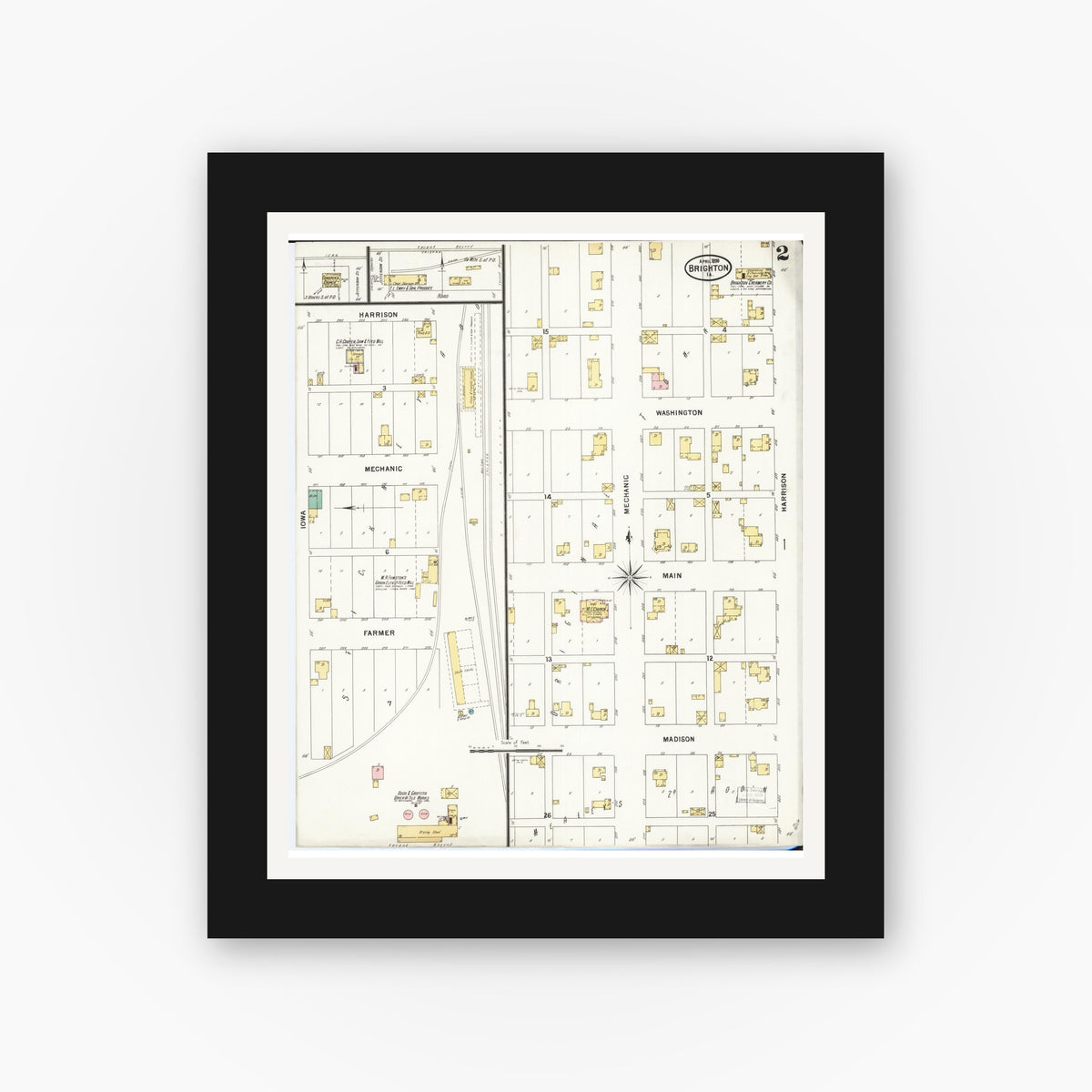 Old map wall art mockup — black gallery frame with white mat — Sanborn Fire Insurance Map from Brighton, Washington County, Iowa (1899), Sheet #0002
