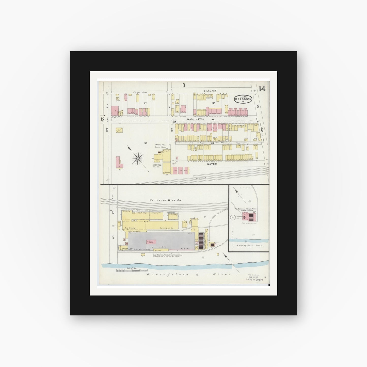 Old map wall art mockup — black gallery frame with white mat — Sanborn Fire Insurance Map from Braddock, Allegheny County, Pennsylvania (1896), Sheet #0014