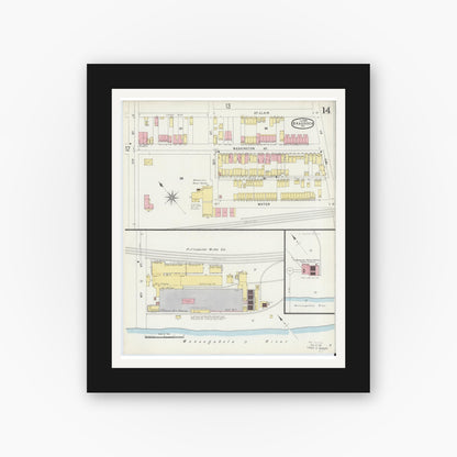 Old map wall art mockup — black gallery frame with white mat — Sanborn Fire Insurance Map from Braddock, Allegheny County, Pennsylvania (1896), Sheet #0014
