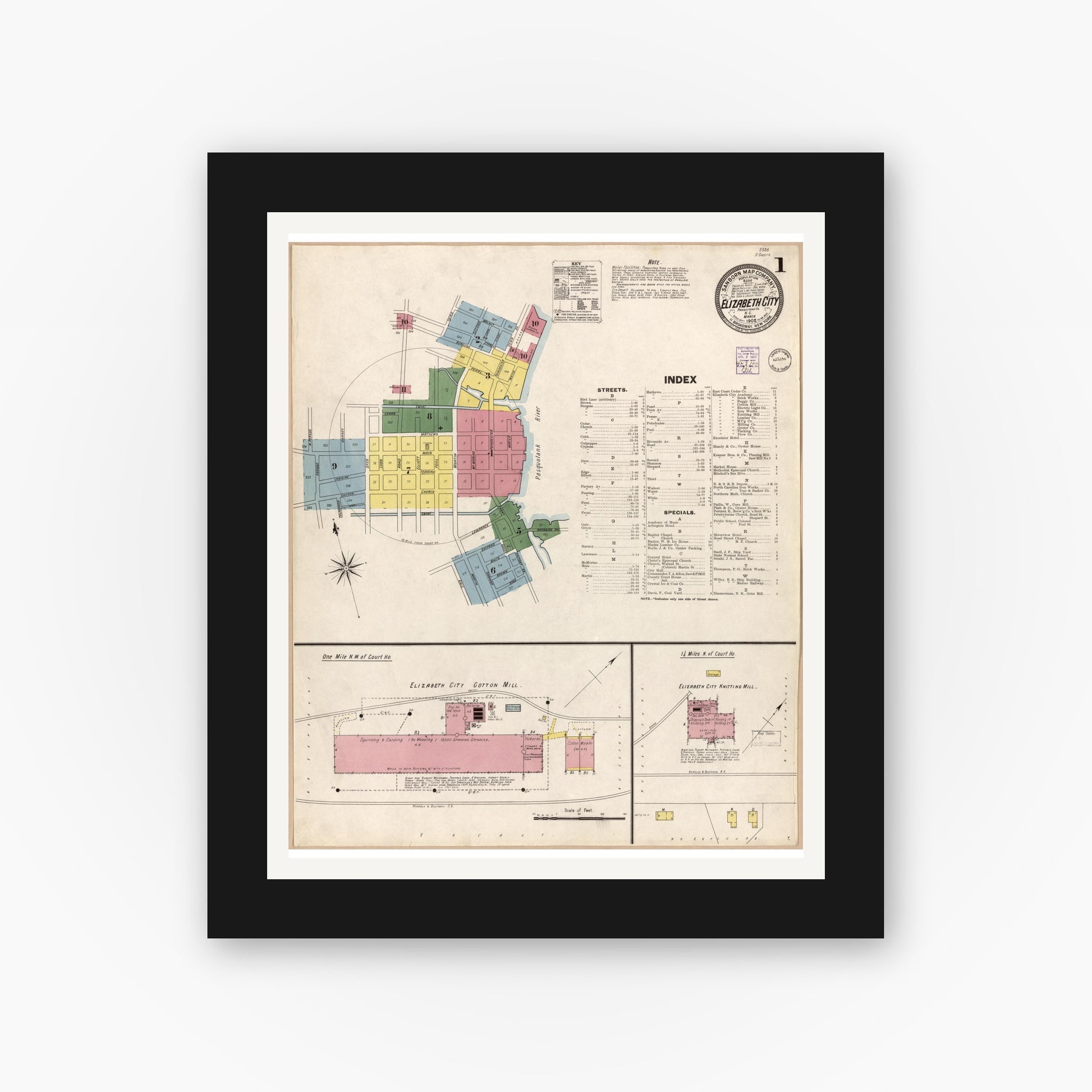 Old map wall art mockup — black gallery frame with white mat — Sanborn Fire Insurance Map from Elizabeth City, Pasquotank County, North Carolina (1902), Sheet #0001