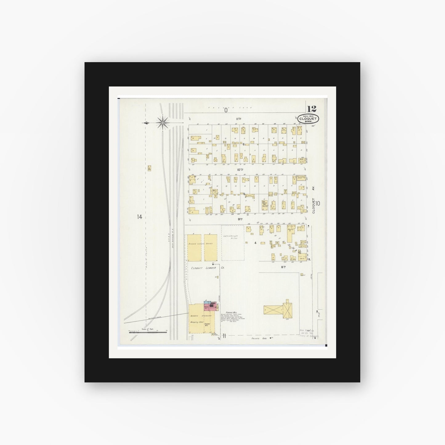 Old map wall art mockup — black gallery frame with white mat — Sanborn Fire Insurance Map from Cloquet, Carlton County, Minnesota (1901), Sheet #0012