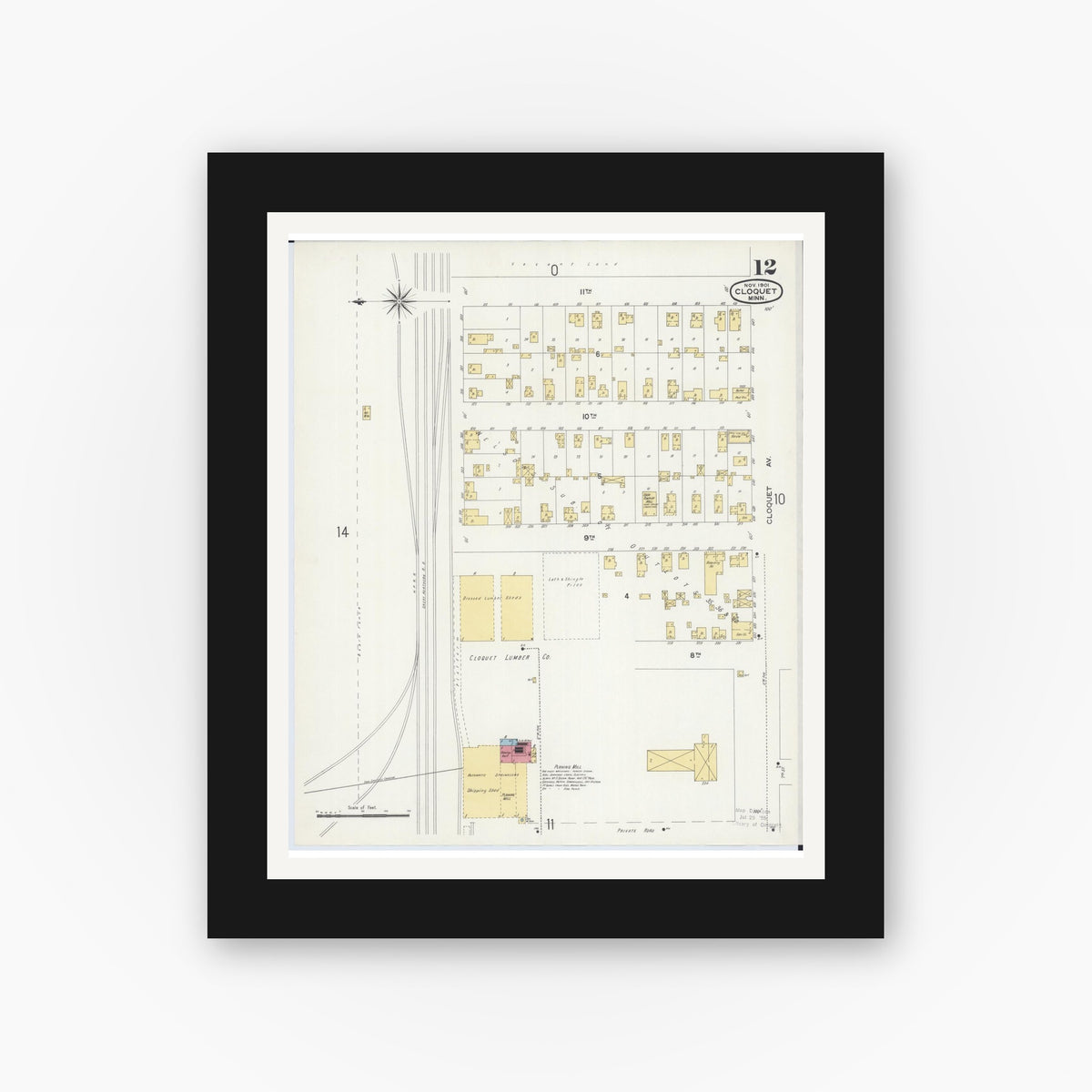 Old map wall art mockup — black gallery frame with white mat — Sanborn Fire Insurance Map from Cloquet, Carlton County, Minnesota (1901), Sheet #0012