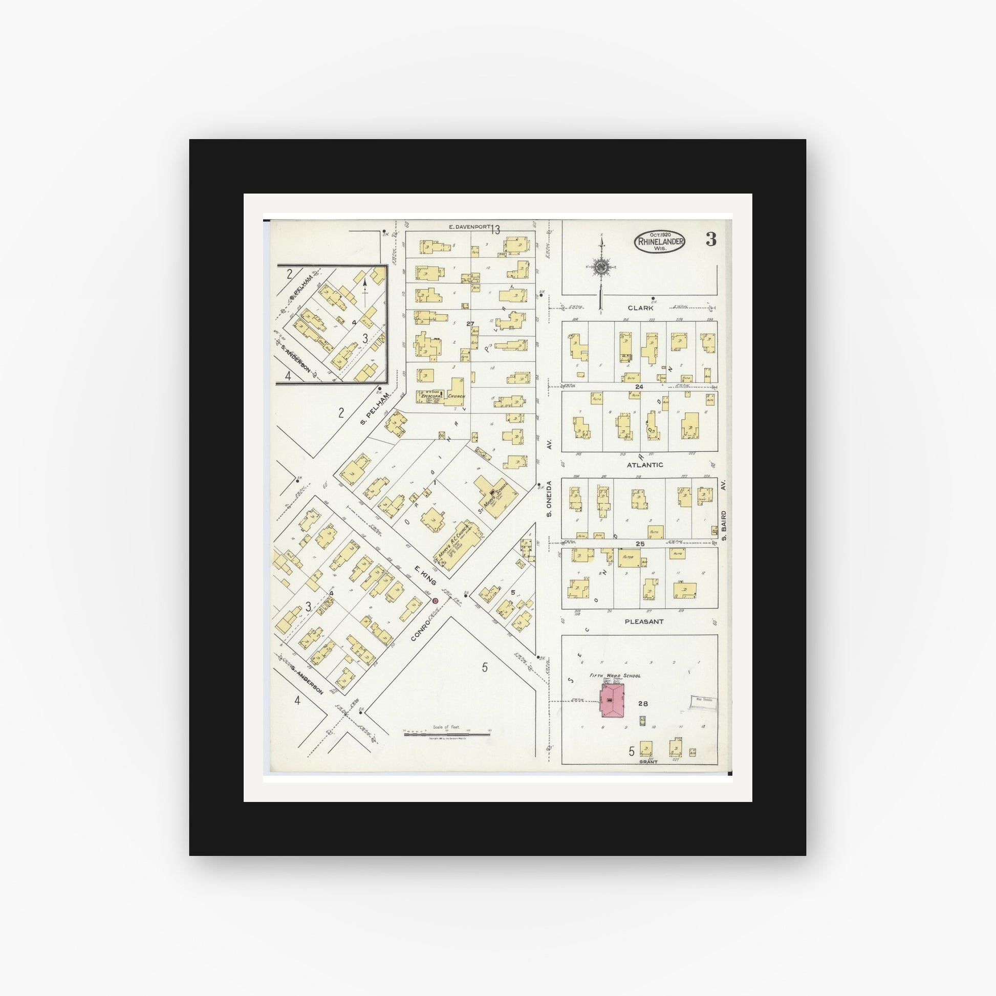 Old map wall art mockup — black gallery frame with white mat — Sanborn Fire Insurance Map from Rhinelander, Oneida County, Wisconsin (1920), Sheet #0003