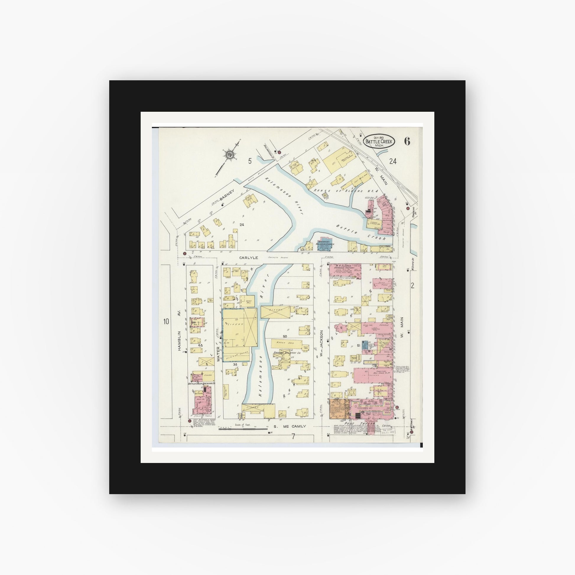 Old map wall art mockup — black gallery frame with white mat — Sanborn Fire Insurance Map from Battle Creek, Calhoun County, Michigan (1913), Sheet #0006