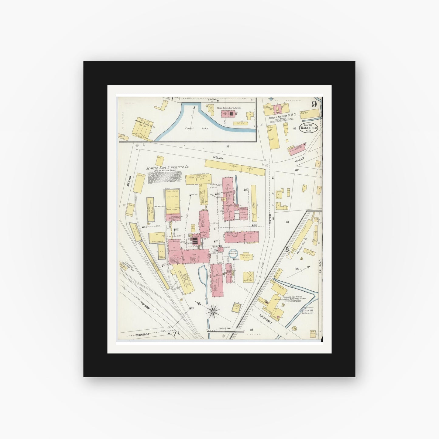 Old map wall art mockup — black gallery frame with white mat — Sanborn Fire Insurance Map from Wakefield, Middlesex County, Massachusetts (1903), Sheet #0009