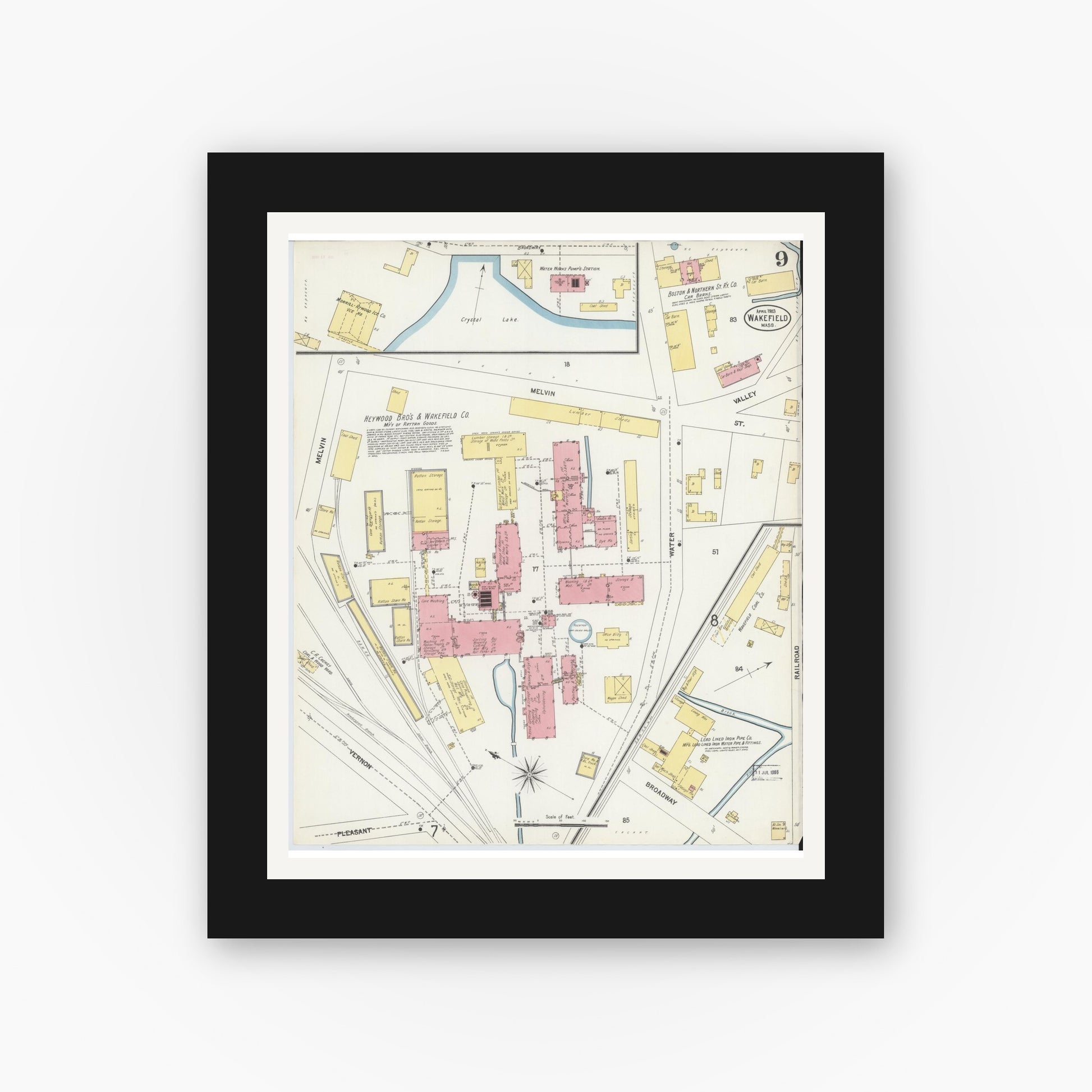 Old map wall art mockup — black gallery frame with white mat — Sanborn Fire Insurance Map from Wakefield, Middlesex County, Massachusetts (1903), Sheet #0009