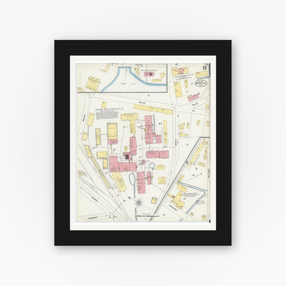 Old map wall art mockup — black gallery frame with white mat — Sanborn Fire Insurance Map from Wakefield, Middlesex County, Massachusetts (1903), Sheet #0009