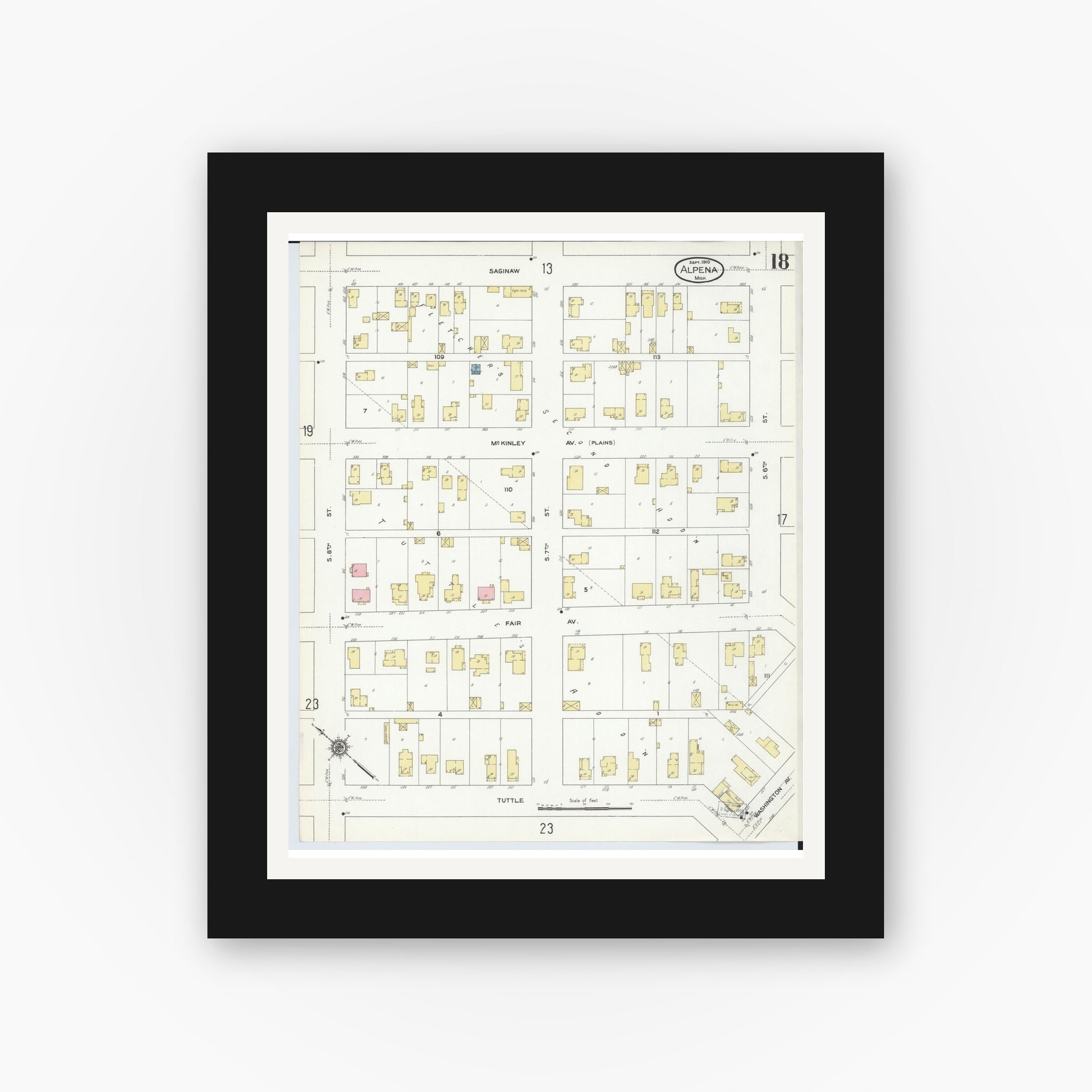Old map wall art mockup — black gallery frame with white mat — Sanborn Fire Insurance Map from Alpena, Alpena County, Michigan (1910), Sheet #0018