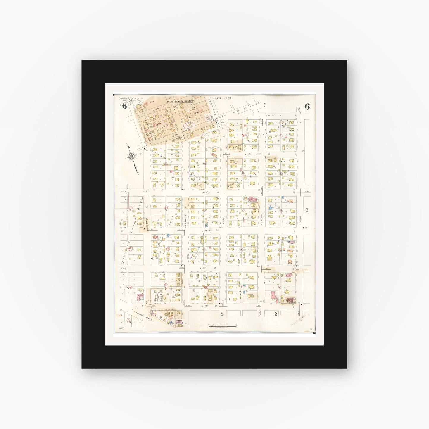 Old map wall art mockup — black gallery frame with white mat — Sanborn Fire Insurance Map from Carroll, Carroll County, Iowa (1948), Sheet #0006