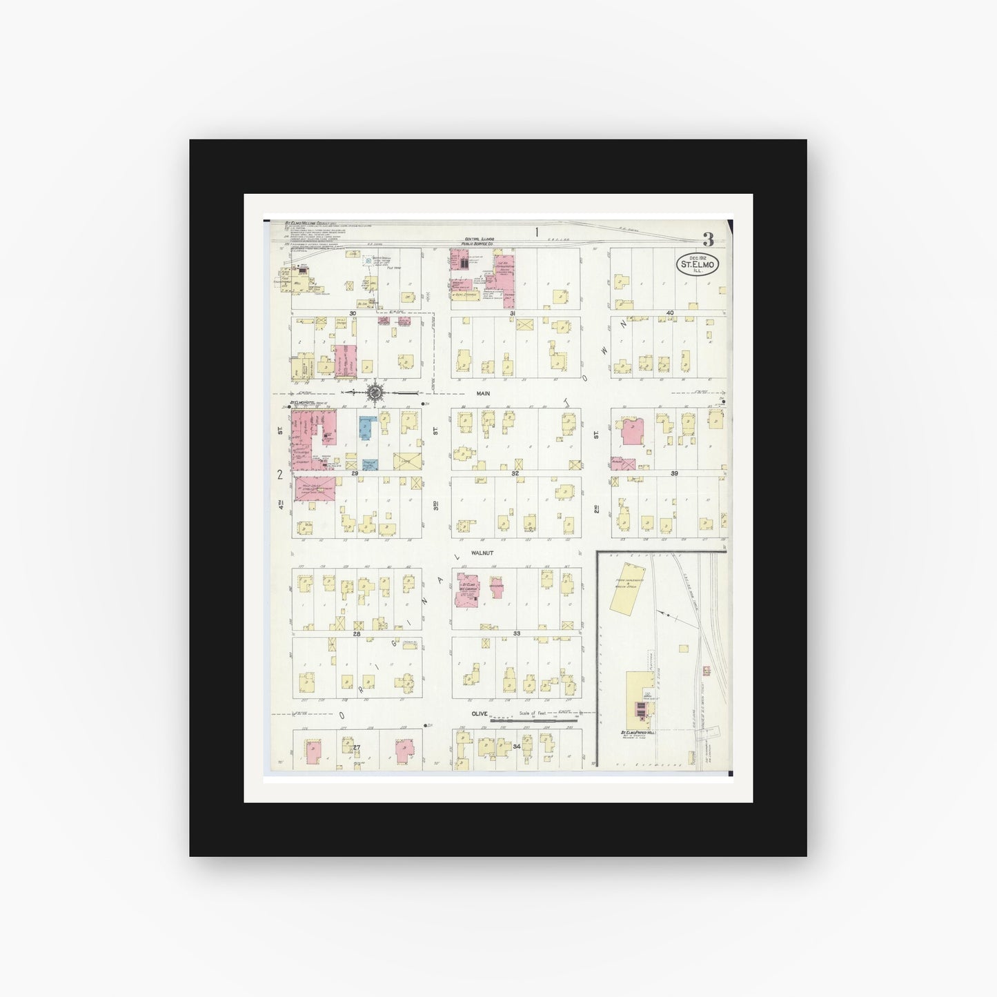 Old map wall art mockup — black gallery frame with white mat — Sanborn Fire Insurance Map from Saint Elmo, Fayette County, Illinois (1912), Sheet #0003