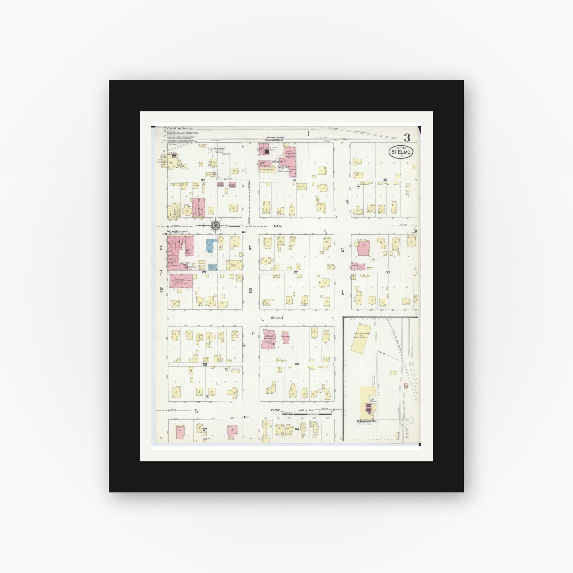 Old map wall art mockup — black gallery frame with white mat — Sanborn Fire Insurance Map from Saint Elmo, Fayette County, Illinois (1912), Sheet #0003