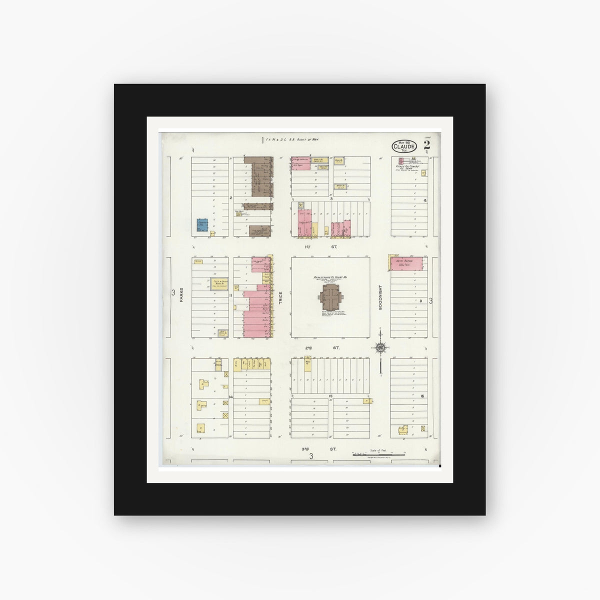 Old map wall art mockup — black gallery frame with white mat — Sanborn Fire Insurance Map from Claude, Armstrong County, Texas (1921), Sheet #0002
