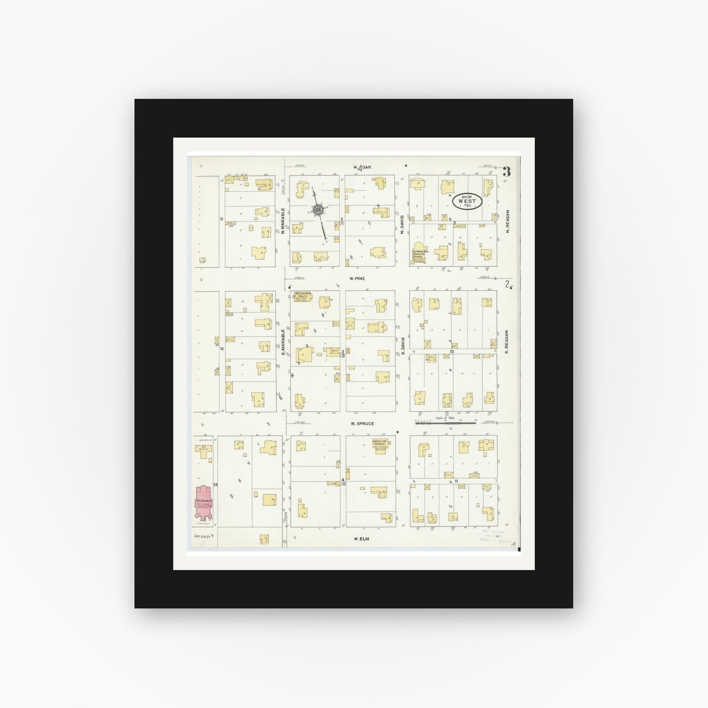 Old map wall art mockup — black gallery frame with white mat — Sanborn Fire Insurance Map from West, McLennan County, Texas (1911), Sheet #0003