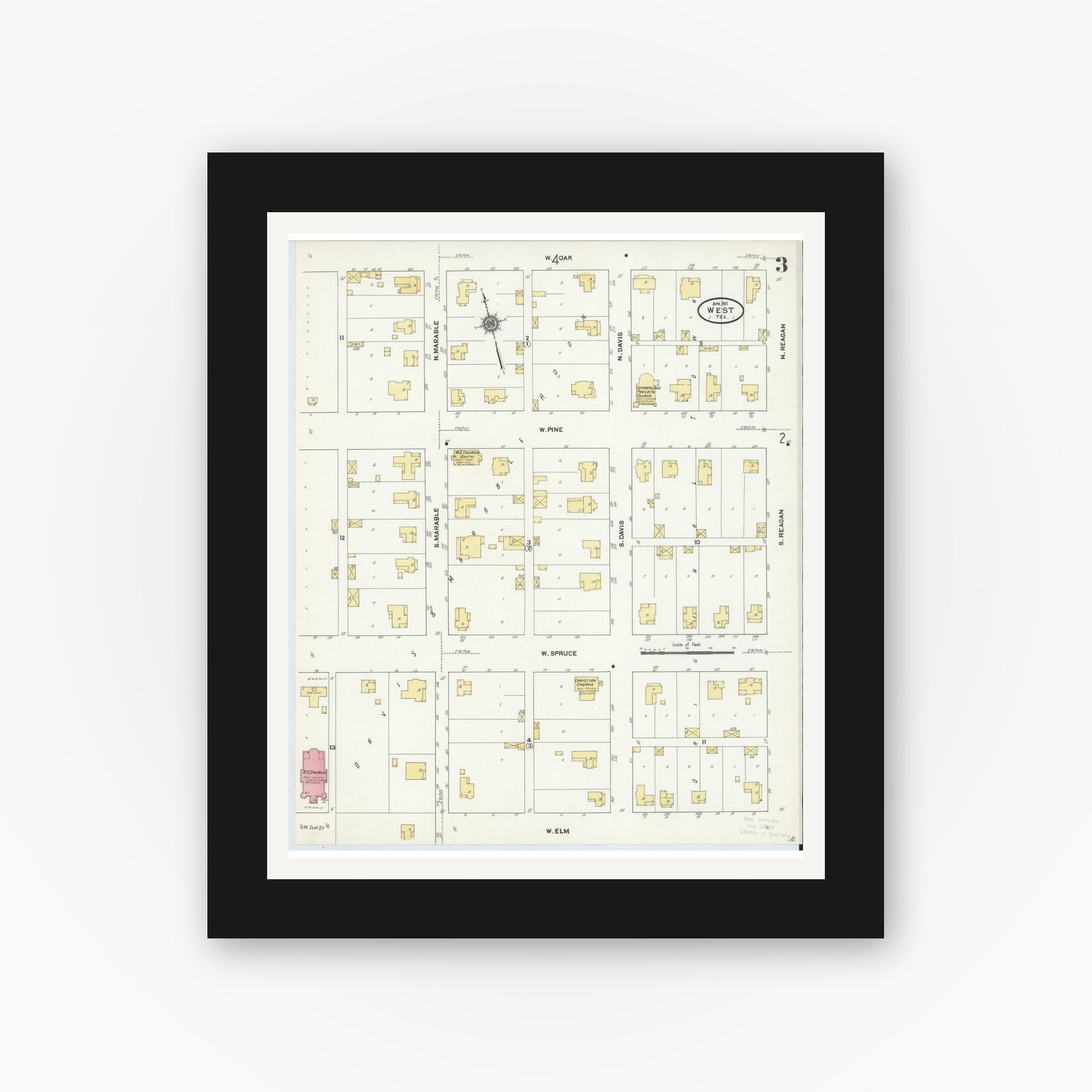 Old map wall art mockup — black gallery frame with white mat — Sanborn Fire Insurance Map from West, McLennan County, Texas (1911), Sheet #0003