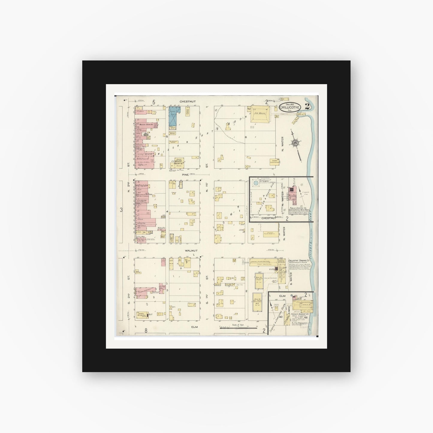 Old map wall art mockup — black gallery frame with white mat — Sanborn Fire Insurance Map from Chillicothe, Peoria County, Illinois (1913), Sheet #0002