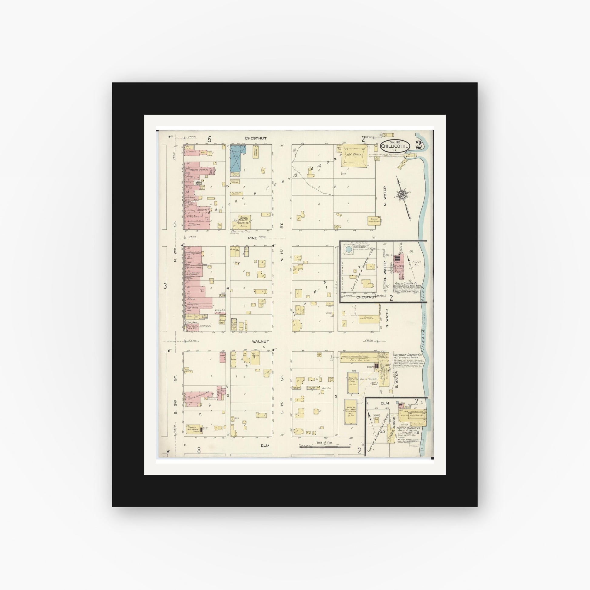 Old map wall art mockup — black gallery frame with white mat — Sanborn Fire Insurance Map from Chillicothe, Peoria County, Illinois (1913), Sheet #0002