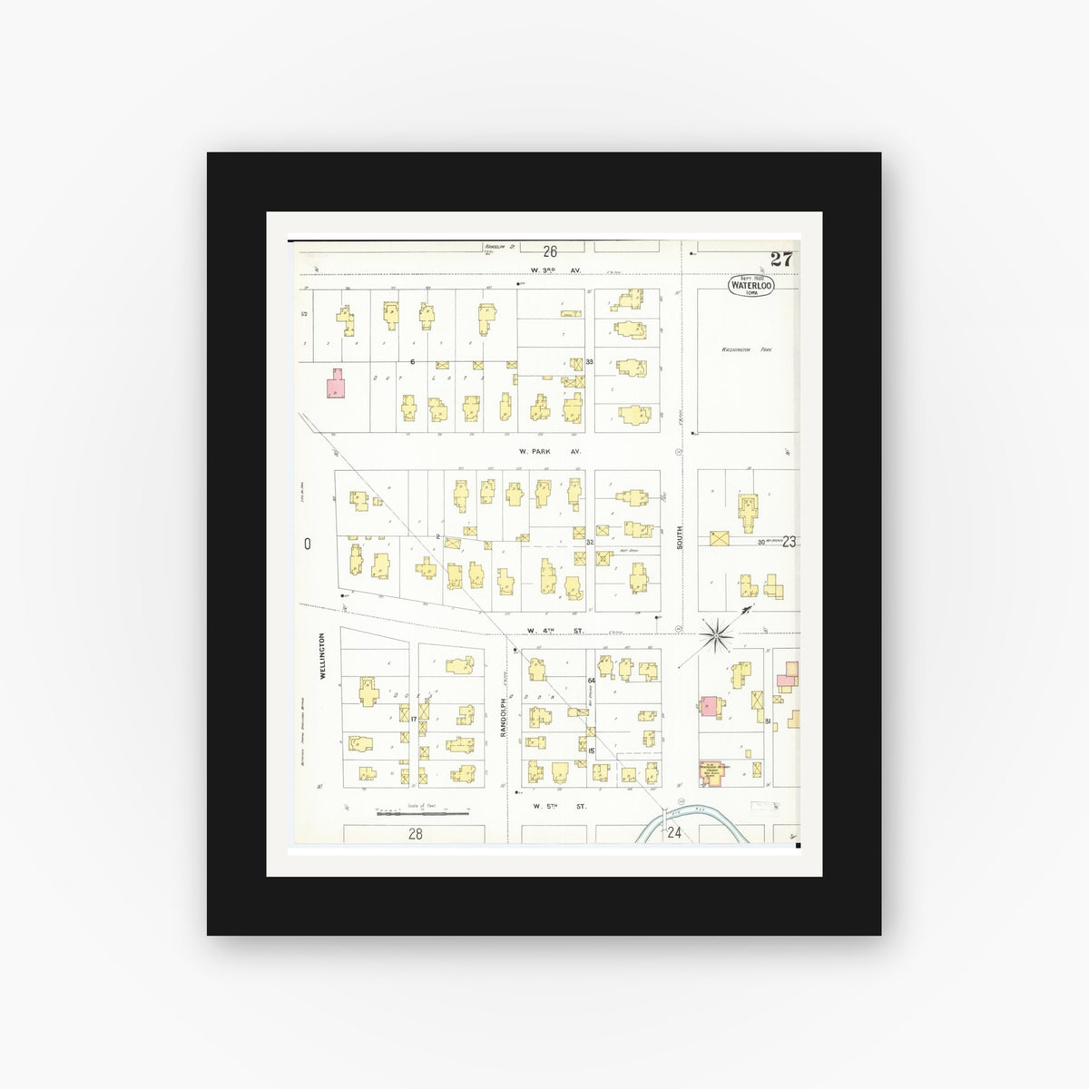 Old map wall art mockup — black gallery frame with white mat — Sanborn Fire Insurance Map from Waterloo, Black Hawk County, Iowa (1900), Sheet #0027