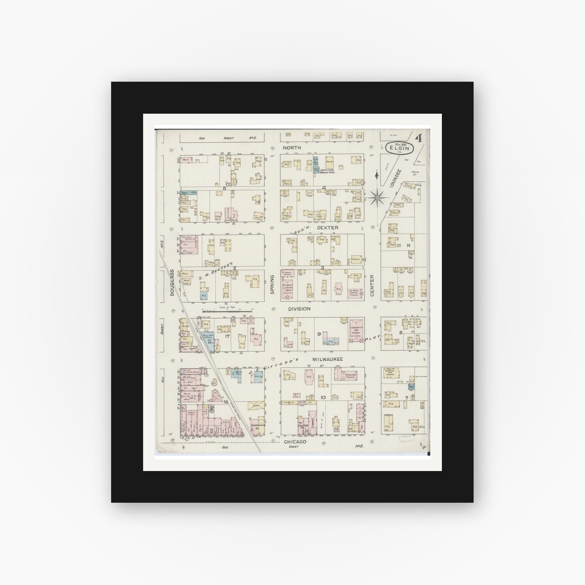 Old map wall art mockup — black gallery frame with white mat — Sanborn Fire Insurance Map from Elgin, Kane County, Illinois (1887), Sheet #0004