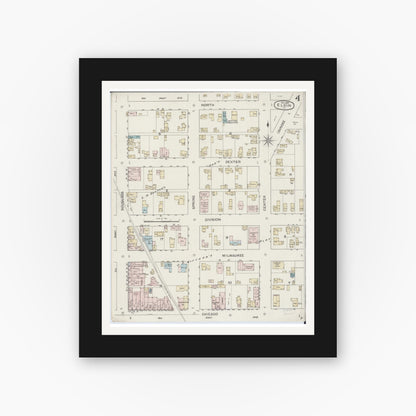 Old map wall art mockup — black gallery frame with white mat — Sanborn Fire Insurance Map from Elgin, Kane County, Illinois (1887), Sheet #0004