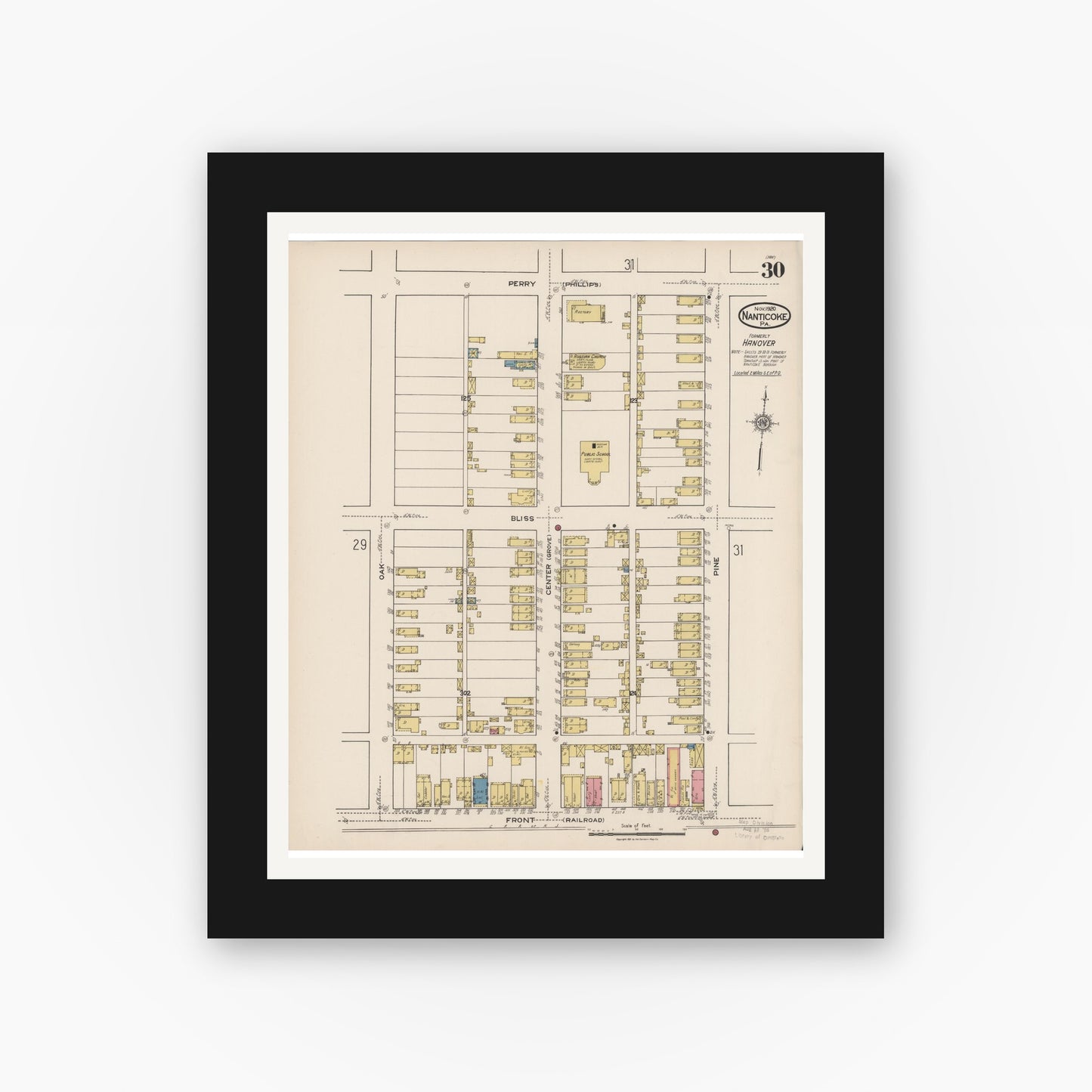 Old map wall art mockup — black gallery frame with white mat — Sanborn Fire Insurance Map from Nanticoke, Luzerne County, Pennsylvania (1920), Sheet #0030