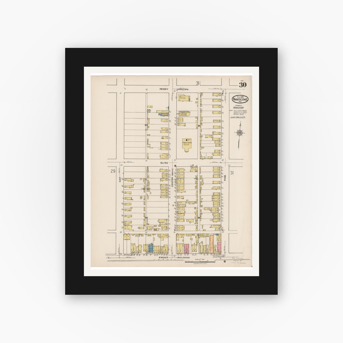 Old map wall art mockup — black gallery frame with white mat — Sanborn Fire Insurance Map from Nanticoke, Luzerne County, Pennsylvania (1920), Sheet #0030