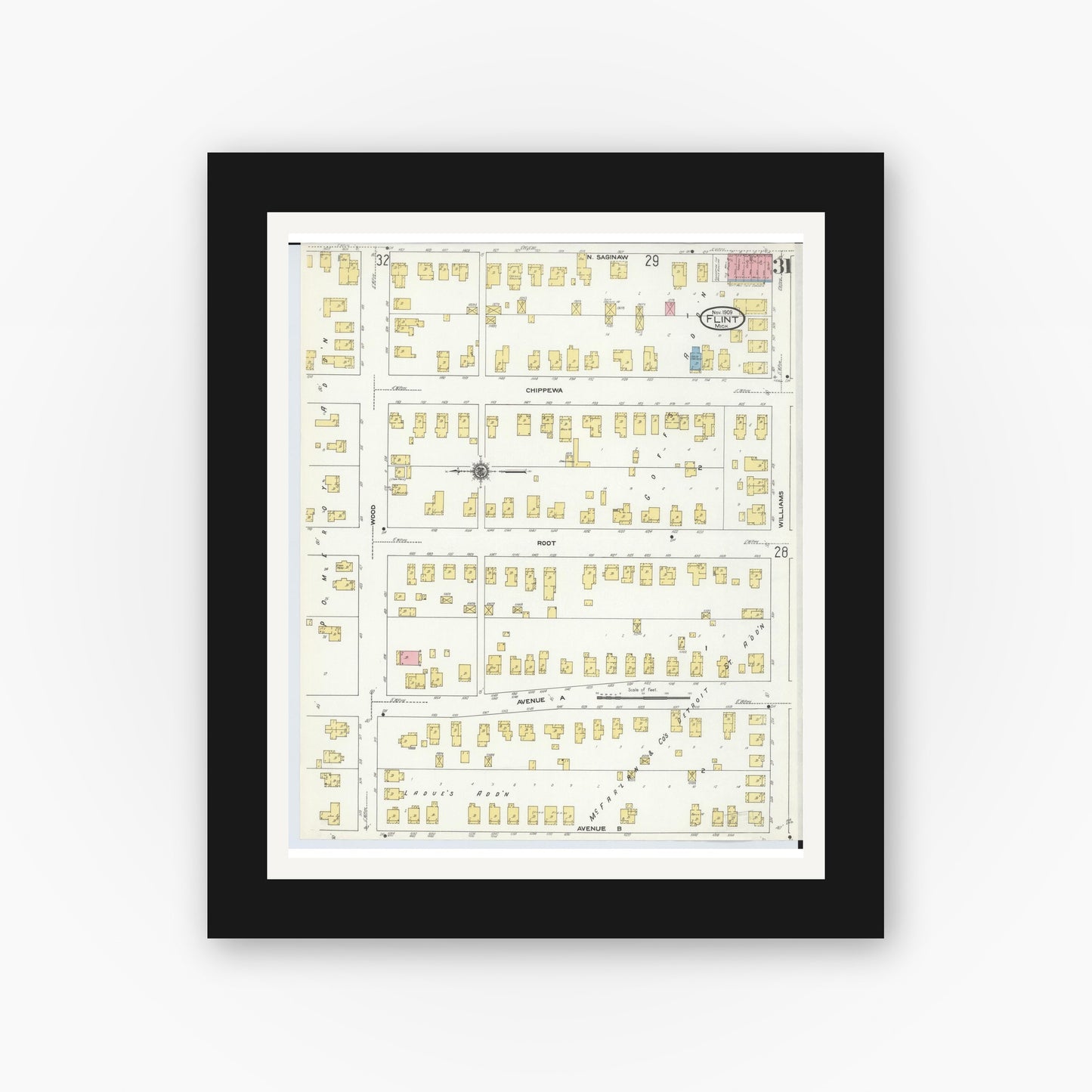 Old map wall art mockup — black gallery frame with white mat — Sanborn Fire Insurance Map from Flint, Genesee County, Michigan (1909), Sheet #0031