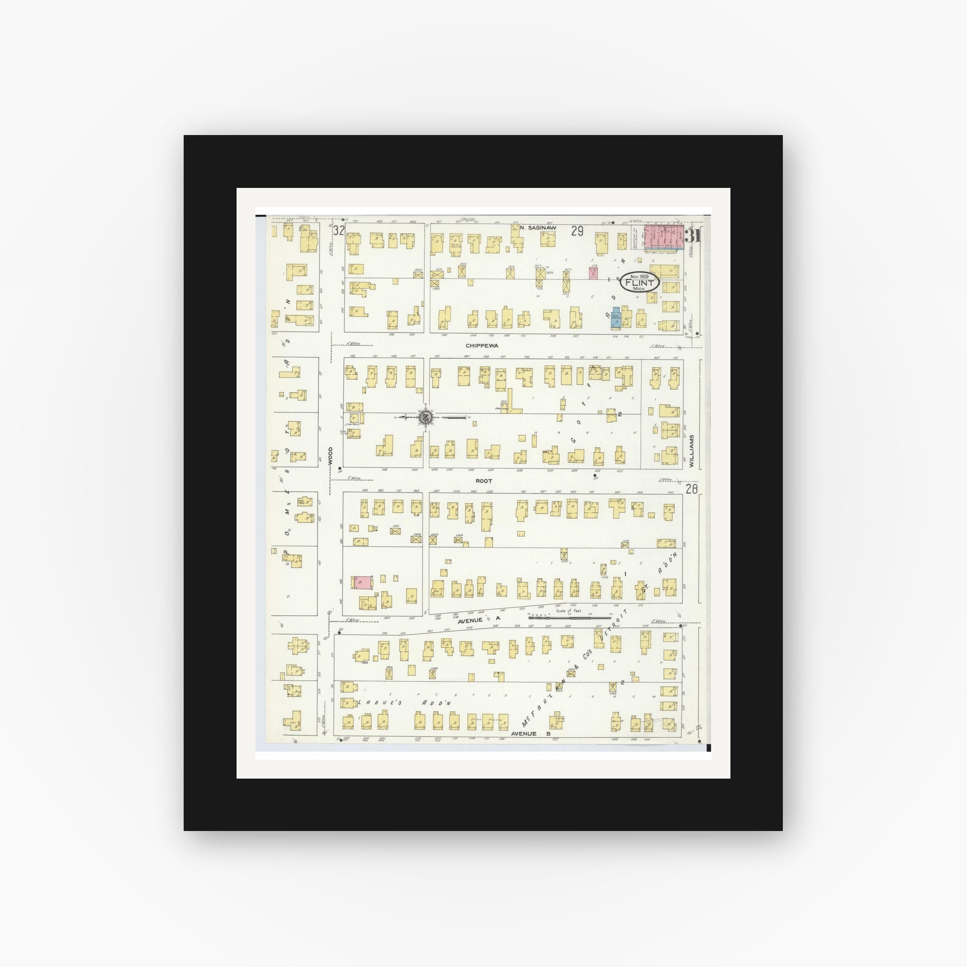 Old map wall art mockup — black gallery frame with white mat — Sanborn Fire Insurance Map from Flint, Genesee County, Michigan (1909), Sheet #0031