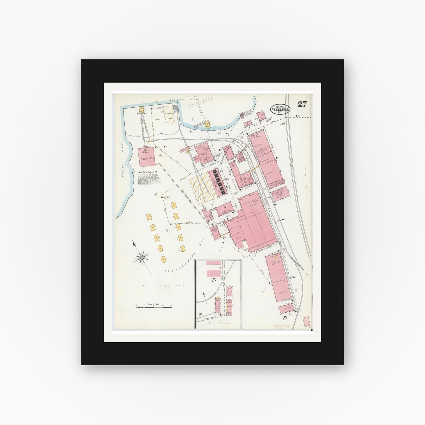 Old map wall art mockup — black gallery frame with white mat — Sanborn Fire Insurance Map from Peekskill, Westchester County, New York (1905), Sheet #0027