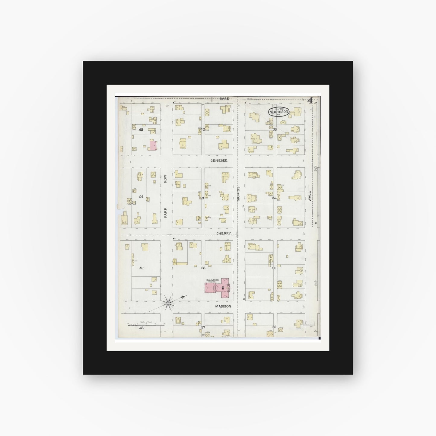 Old map wall art mockup — black gallery frame with white mat — Sanborn Fire Insurance Map from Morrison, Whiteside County, Illinois (1892), Sheet #0004