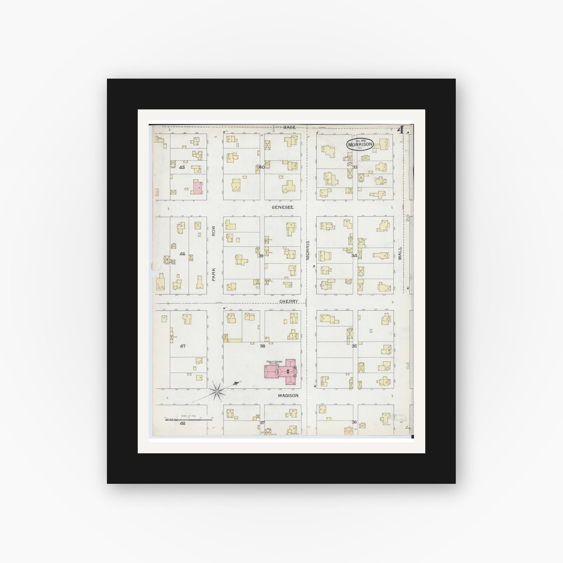 Old map wall art mockup — black gallery frame with white mat — Sanborn Fire Insurance Map from Morrison, Whiteside County, Illinois (1892), Sheet #0004