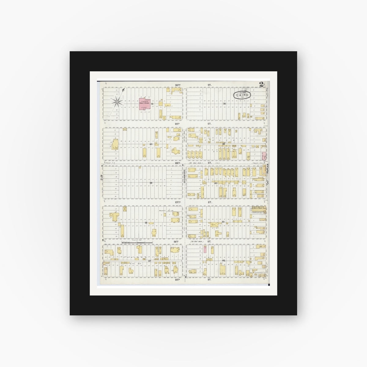 Old map wall art mockup — black gallery frame with white mat — Sanborn Fire Insurance Map from Cairo, Alexander County, Illinois (1896), Sheet #0002