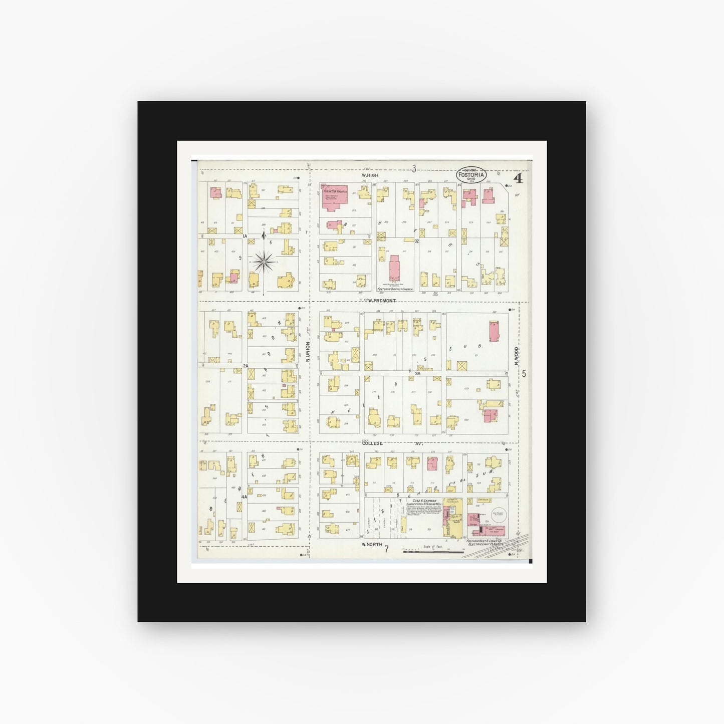 Old map wall art mockup — black gallery frame with white mat — Sanborn Fire Insurance Map from Fostoria, Seneca, Hancock, And Wood Counties, Ohio (1901), Sheet #0004