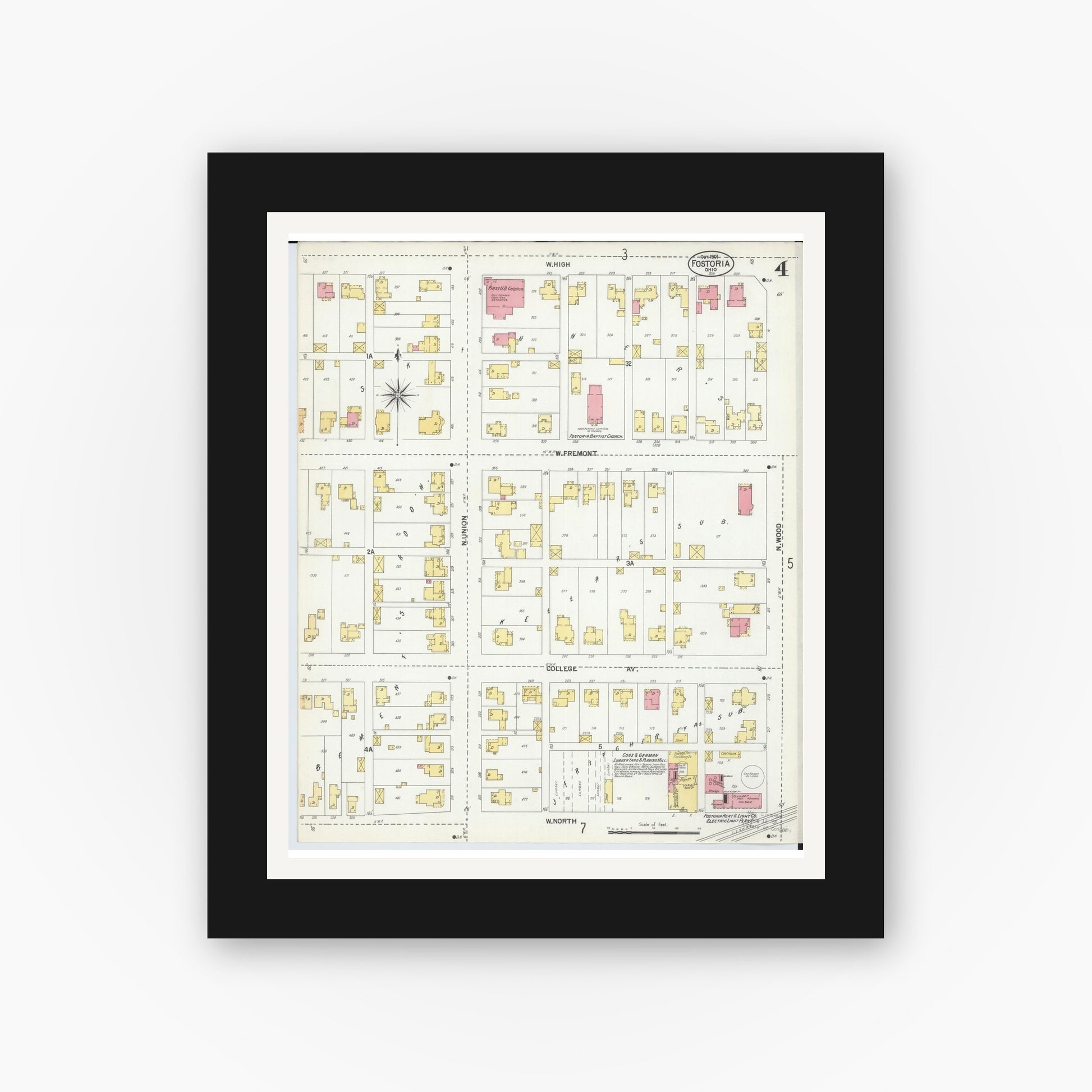 Old map wall art mockup — black gallery frame with white mat — Sanborn Fire Insurance Map from Fostoria, Seneca, Hancock, And Wood Counties, Ohio (1901), Sheet #0004