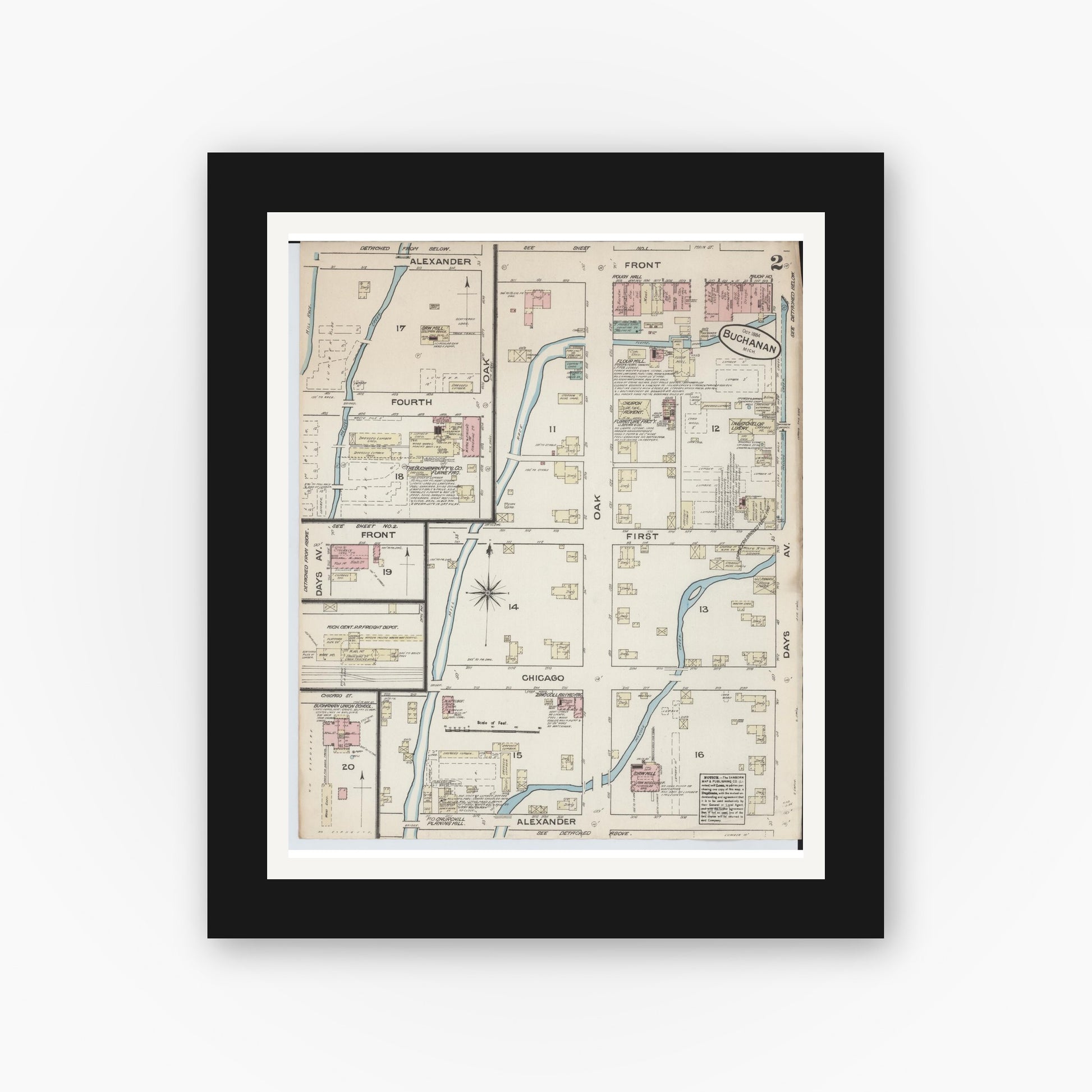 Old map wall art mockup — black gallery frame with white mat — Sanborn Fire Insurance Map from Buchanan, Berrien County, Michigan (1884), Sheet #0002