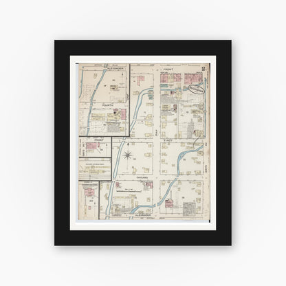 Old map wall art mockup — black gallery frame with white mat — Sanborn Fire Insurance Map from Buchanan, Berrien County, Michigan (1884), Sheet #0002