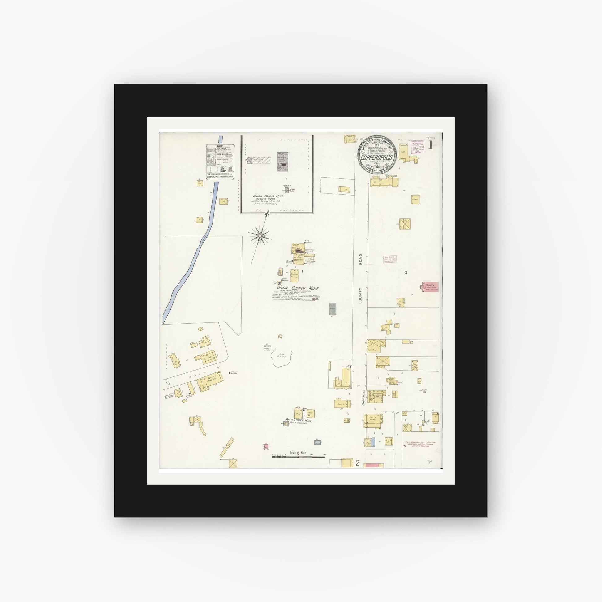 Old map wall art mockup — black gallery frame with white mat — Sanborn Fire Insurance Map from Copperopolis, Calaveras County, California (1908), Sheet #0001