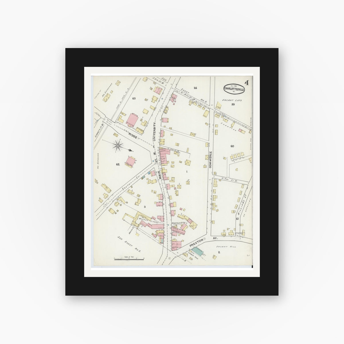 Old map wall art mockup — black gallery frame with white mat — Sanborn Fire Insurance Map from Charlottesville, Independent Cities, Virginia (1891), Sheet #0004